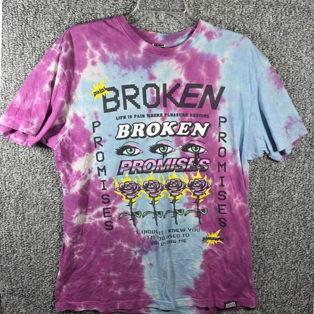 Broken Promises T-Shirt Purple‎ Tie Dye Graphic Streetwear Mens Large